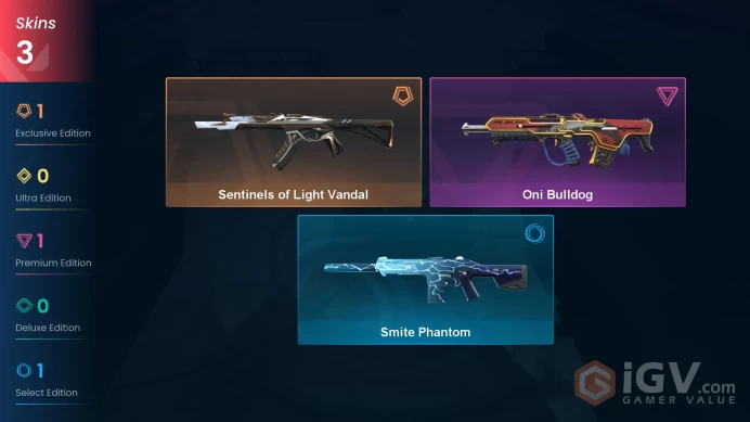 EU | 3 skins | Sentinels of Light Vandal | Oni Bulldog | Smite Phantom | M1396
