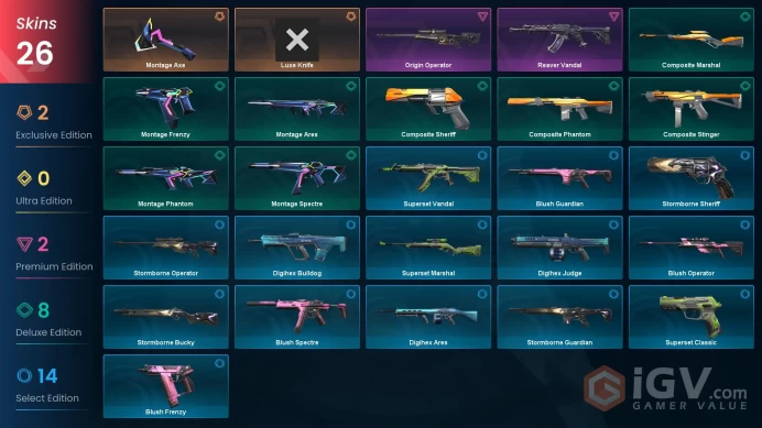 LA | 26 skins | Reaver Vandal | Luxe Knife | Montage Axe | Origin Operator | Composite Sheriff | Montage Ares | Montage Frenzy | G4120