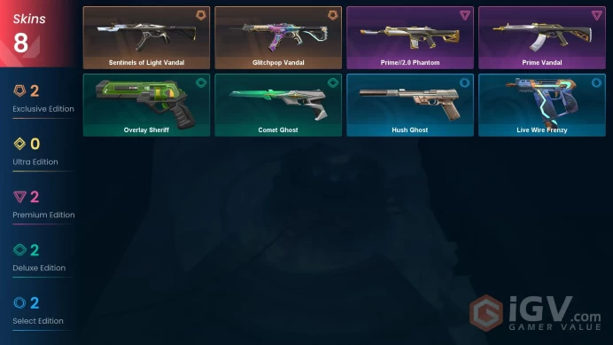 8 skins | Glitchpop Vandal | Sentinels of Light Vandal | Prime Vandal | Prime//2.0 Phantom | Overlay Sheriff | Comet Ghost | V9487