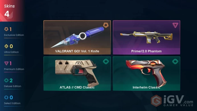 AP | 4 skins | VALORANT GO! Vol. 1 Knife | Prime//2.0 Phantom | Interhelm Classic | ATLAS // CMD Classic | X7095