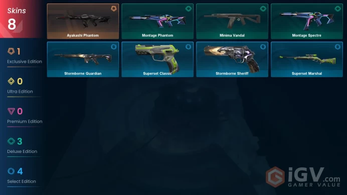 AP | 8 skins | Ayakashi Phantom | Montage Phantom | Montage Spectre | Minima Vandal | Stormborne Guardian | Superset Marshal | G6611