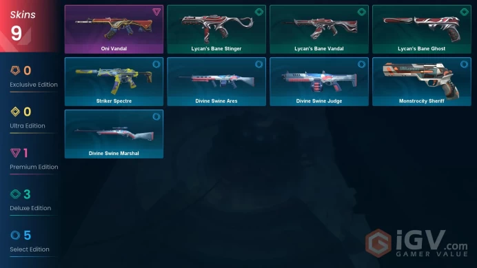 AP | 9 skins | Oni Vandal | Lycan's Bane Ghost | Lycan's Bane Vandal | Lycan's Bane Stinger | Divine Swine Ares | Striker Spectre | O7124