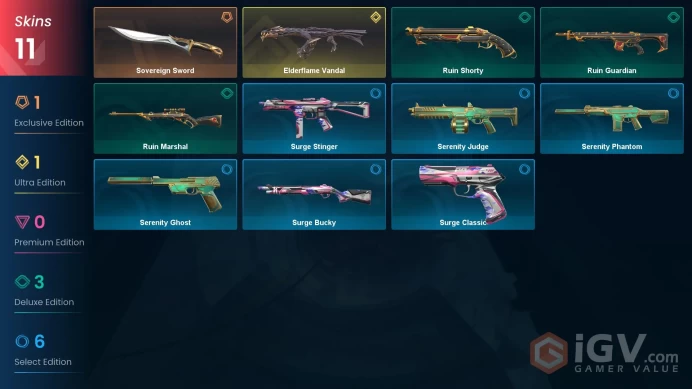 AP | 11 skins | Elderflame Vandal | Sovereign Sword | Ruin Shorty | Ruin Guardian | Ruin Marshal | Surge Classic | Serenity Judge | Q6503