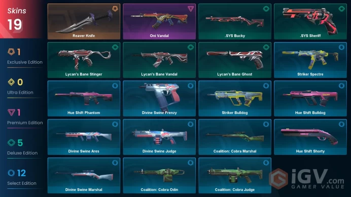 AP | 19 skins | Reaver Knife | Oni Vandal | .SYS Bucky | Lycan's Bane Vandal | Lycan's Bane Ghost | Lycan's Bane Stinger | .SYS Sheriff | H8134