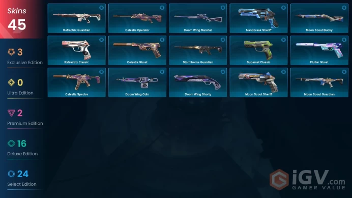 LA | 45 skins | Byteshift Knife | Montage Axe | Hieroscape Blades | Prime//2.0 Phantom | Neptune Vandal | Montage Spectre | D7660
