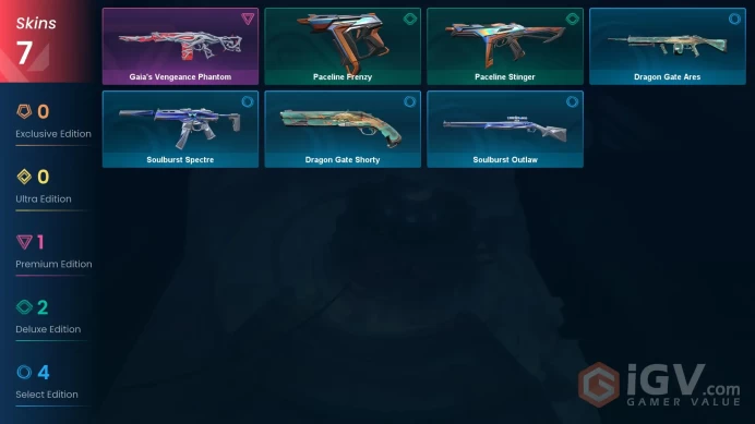EU | 7 skins | Gaia's Vengeance Phantom | Paceline Stinger | Paceline Frenzy | Dragon Gate Ares | Soulburst Spectre | Soulburst Outlaw | F7651