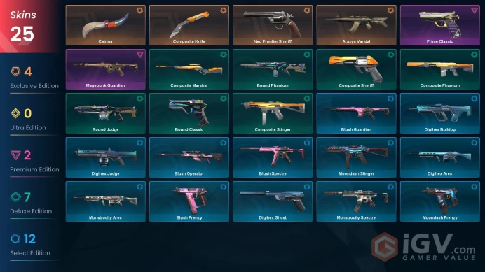 NA | 25 skins | Neo Frontier Sheriff | Araxys Vandal | Composite Knife | Catrina | Magepunk Guardian | Prime Classic | Composite Marshal | M1963