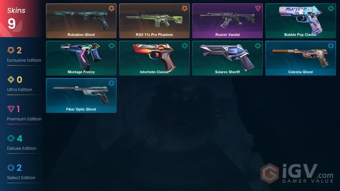 EU | 9 skins | RGX 11z Pro Phantom | Reaver Vandal | Ruination Ghost | Montage Frenzy | Solarex Sheriff | Interhelm Classic | O2467