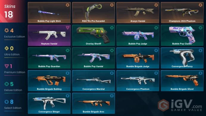 EU | 18 skins | RGX 11z Pro Karambit | Champions 2024 Phantom | Araxys Vandal | Bubble Pop Light Stick | Neptune Vandal | S8558