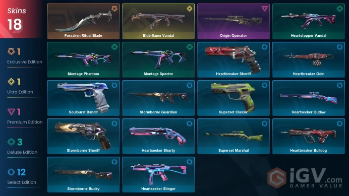 EU | 18 skins | Elderflame Vandal | Forsaken Ritual Blade | Origin Operator | Montage Phantom | Montage Spectre | Heartstopper Vandal | B3447