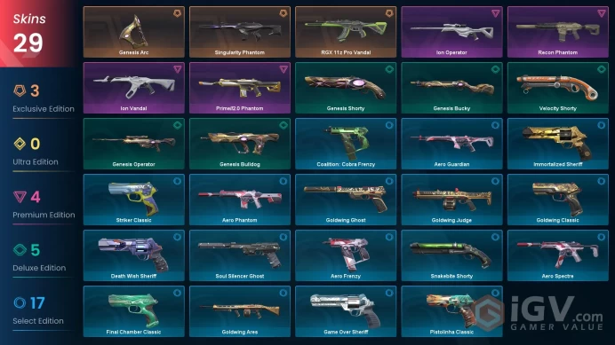 NA | 29 skins | RGX 11z Pro Vandal | Ion Vandal | Genesis Arc | Singularity Phantom | Recon Phantom | Prime//2.0 Phantom | Ion Operator | D6206