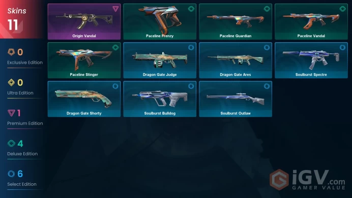 AP | 11 skins | Origin Vandal | Paceline Frenzy | Paceline Guardian | Paceline Vandal | Paceline Stinger | Soulburst Bulldog | P1839