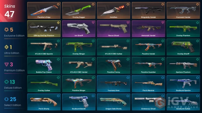 NA | 47 skins | Kuronami Vandal | ORA by OneTap Phantom | Singularity Vandal | Overlay Dagger | Aemondir Vandal | Ion Sheriff | U1884