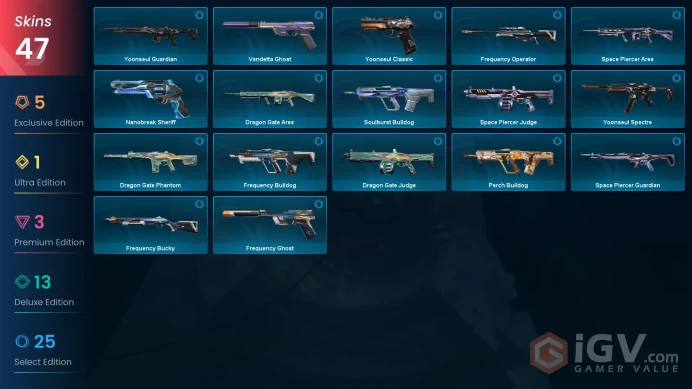 NA | 47 skins | Kuronami Vandal | ORA by OneTap Phantom | Singularity Vandal | Overlay Dagger | Aemondir Vandal | Ion Sheriff | U1884