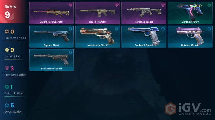AP | 9 skins | Forsaken Vandal | Recon Phantom | Valiant Hero Operator | Montage Frenzy | Shimmer Classic | Soul Silencer Ghost | Y1990