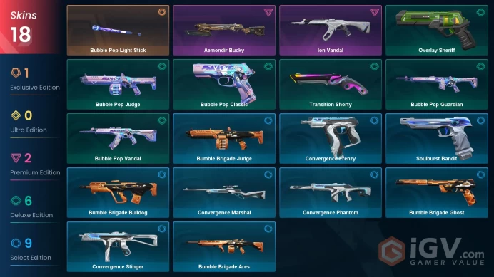 AP | 18 skins | Ion Vandal | Bubble Pop Light Stick | Aemondir Bucky | Bubble Pop Vandal | Bubble Pop Classic | Overlay Sheriff | H9046