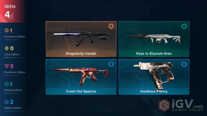NA | 4 skins | Singularity Vandal | Keys to Elysium Ares | Insidious Frenzy | Crash Out Spectre | P3876