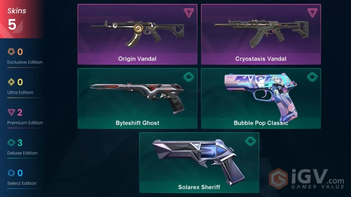 AP | 5 skins | Cryostasis Vandal | Origin Vandal | Bubble Pop Classic | Solarex Sheriff | Byteshift Ghost | Q7334