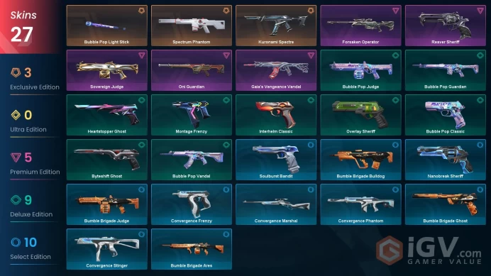 AP | 25 skins | Spectrum Phantom | Kuronami Spectre | Bubble Pop Light Stick | Gaia's Vengeance Vandal | Reaver Sheriff | Z8949