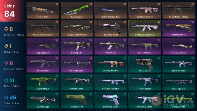 NA | 84 skins | Evori Dreamwings Vandal | Champions 2024 Phantom | Mystbloom Phantom | Prelude to Chaos Vandal | Prime Vandal | P8419