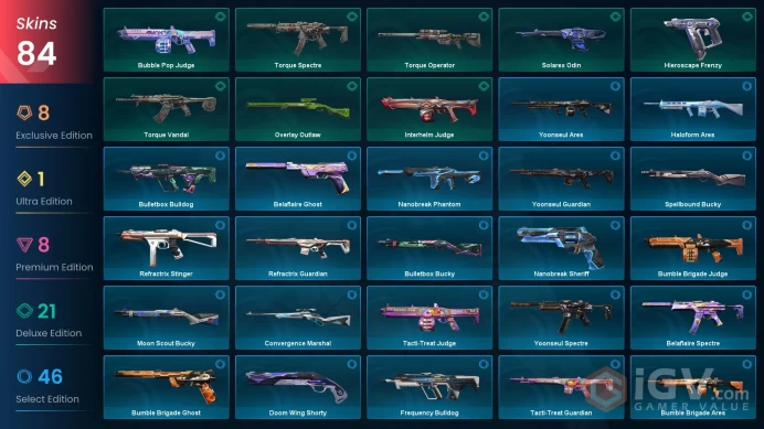 NA | 84 skins | Evori Dreamwings Vandal | Champions 2024 Phantom | Mystbloom Phantom | Prelude to Chaos Vandal | Prime Vandal | P8419