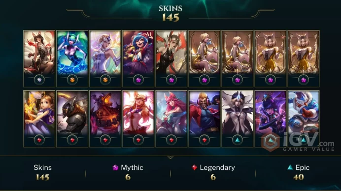 OCE EMAIL CHANGEABLE 115 CHAMPIONS 21K BE 17KOE 247 MYTH ESS 146 SKINS IMMORTALIZED LEGEND AHRI Prestige Ahri 2x+ Evelynn 2x 252 L LEG 4 MYTH