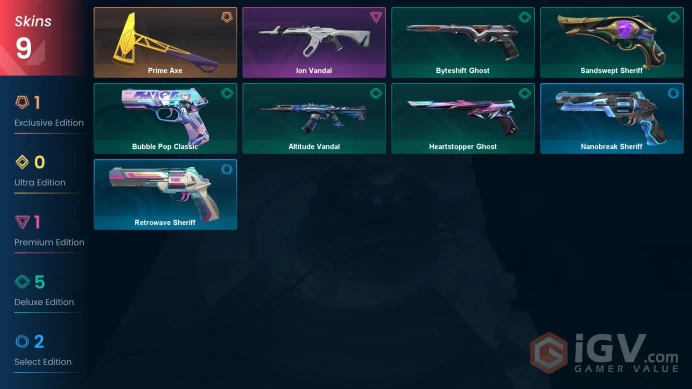 AP 9 skins 1 knifes | Prime Axe | Ion Vandal | Bubble Pop Classic | Sandswept Sheriff | Byteshift Ghost | Heartstopper Ghost | V0277