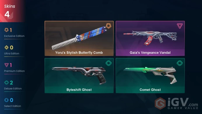 AP 4 skins | Yoru's Stylish Butterfly Comb | Gaia's Vengeance Vandal | Byteshift Ghost | Comet Ghost | V0334