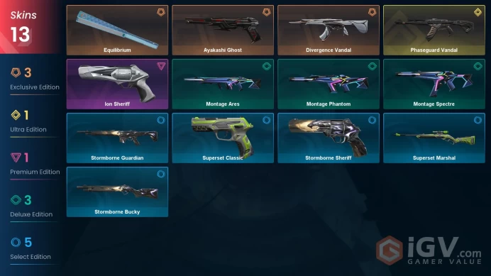 NA 13 skins | Phaseguard Vandal | Ayakashi Ghost | Divergence Vandal | Equilibrium | Ion Sheriff | Montage Phantom | Montage Spectre | V0422