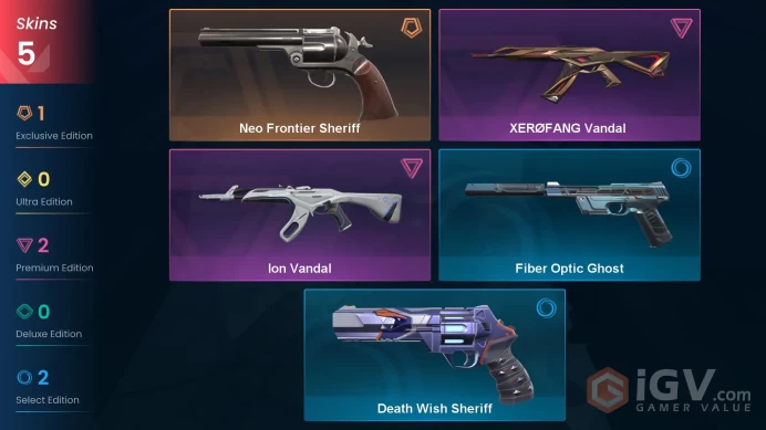 AP 5 skins | Neo Frontier Sheriff | XERØFANG Vandal | Ion Vandal | Death Wish Sheriff | Fiber Optic Ghost | V0427