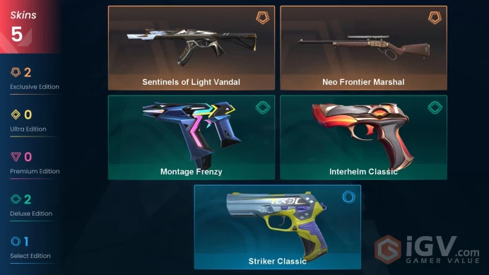 EU 5 skins | Sentinels of Light Vandal | Neo Frontier Marshal | Interhelm Classic | Montage Frenzy | Striker Classic | V0443