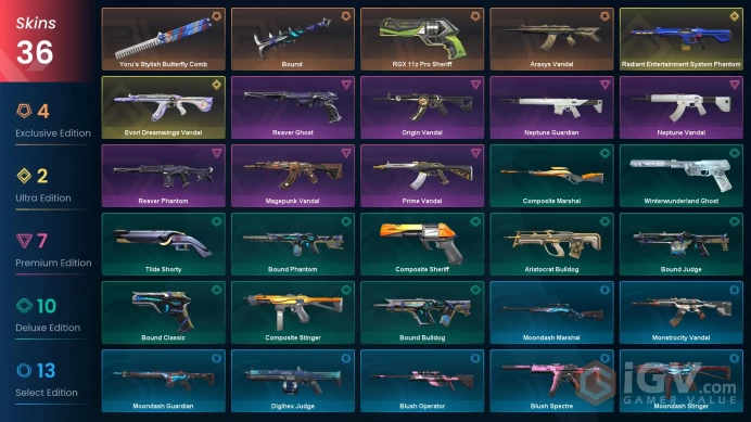 NA 36 skins | Radiant Entertainment System Phantom | Evori Dreamwings Vandal | Araxys Vandal | Yoru's Stylish Butterfly Comb | V0511