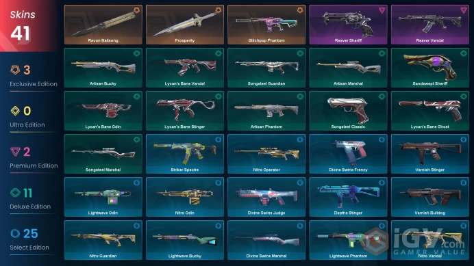 NA 41 skins | Recon Balisong | Reaver Vandal | Glitchpop Phantom | Prosperity | Reaver Sheriff | Sandswept Sheriff | Artisan Phantom | V0556