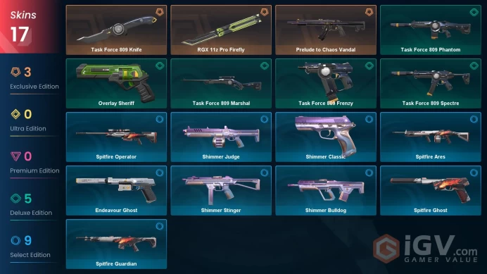EU 17 skins | RGX 11z Pro Firefly | Prelude to Chaos Vandal | Task Force 809 Knife | Overlay Sheriff | Task Force 809 Marshal | V0459