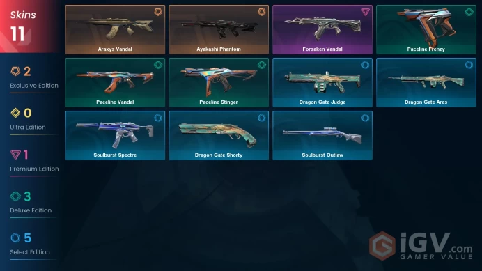 EU 11 skins | Ayakashi Phantom | Araxys Vandal | Forsaken Vandal | Paceline Vandal | Paceline Frenzy | Paceline Stinger | V0456