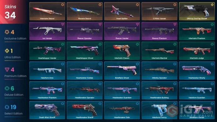 EU 34 skins | ORA by OneTap Sheriff | Reverie Sword | Heart Splitter | Interhelm Sword | CYRAX Vandal | Reaver Operator | Reaver Phantom | V0423