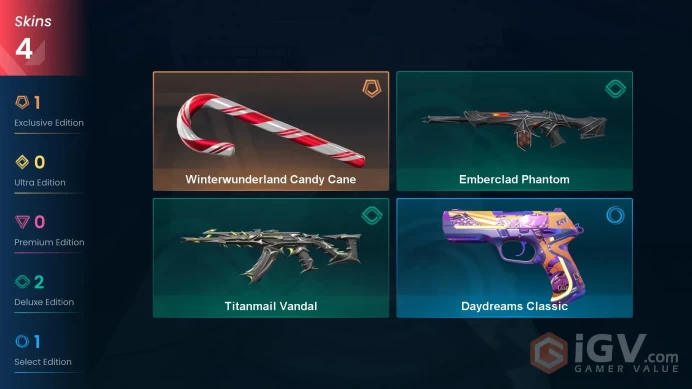 EU 4 skins | Winterwunderland Candy Cane | Emberclad Phantom | Titanmail Vandal | Daydreams Classic | V0616