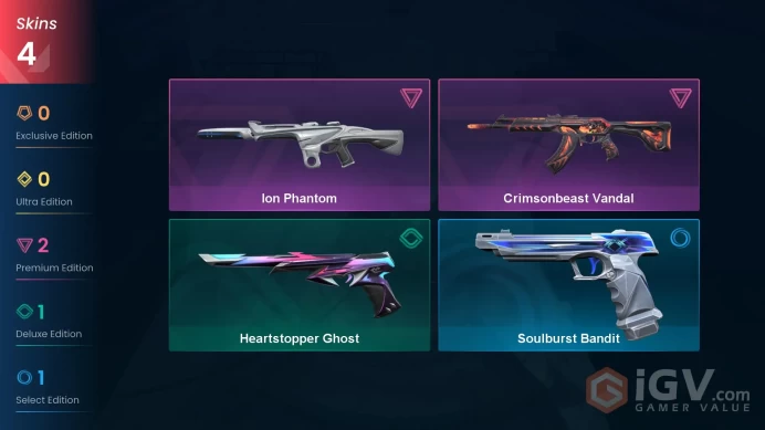 EU 4 skins | Ion Phantom | Crimsonbeast Vandal | Heartstopper Ghost | Soulburst Bandit | V0617