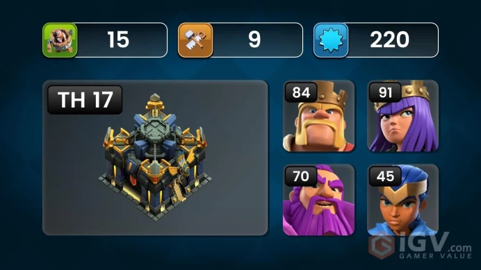 Th 17 Level 217 | Hero (83/91/70/45) | 7 Equipment Epic | 8 Magic Items | 8 Hero Skin | 2308 War Stars | 406 Gems