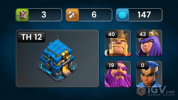 ■TH:12 (+45%) ■Heroes: K40 Q43 P20 W19 ■Skins:1 ■Gems:2k ■BH:6 ■Full Access ■Instant Delivery ■A3382