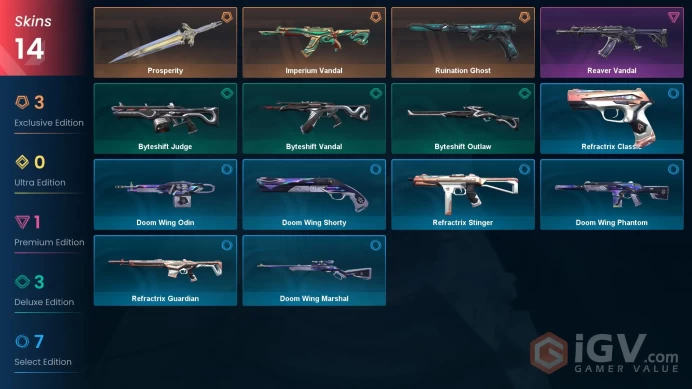 EU | VP 716 | LVL 21 | Ruination Ghost | Imperium Vandal | Prosperity | Reaver Vandal | Byteshift Vandal | Byteshift Outlaw | Byteshift | V0669