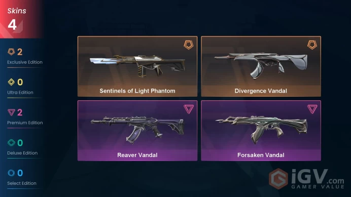 EU | VP 325 | LVL 30 | Divergence Vandal | Sentinels of Light Phantom | Forsaken Vandal | Reaver Vandal | V0829