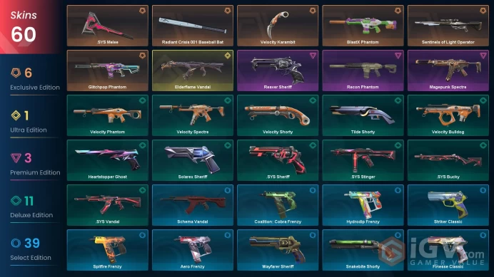 AP | 44 VP | 60 skins | Elderflame Vandal | Velocity Karambit | BlastX Phantom | Glitchpop Phantom | .SYS Melee | V0202