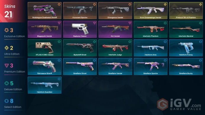 EU | 21 skins | Protocol 781-A Phantom | Evori Dreamwings Vandal | Divergence Vandal | Kuronami Spectre | Oni Vandal | Magepunk Vandal | J8622