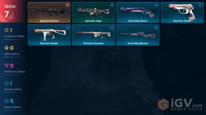 EU | 7 skins | Ayakashi Phantom | Byteshift Judge | Refractrix Guardian | Refractrix Stinger | Refractrix Classic | Doom Wing Shorty | O5833