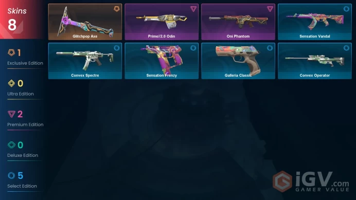 AP 8 skins 1 knifes | Glitchpop Axe | Oni Phantom | Prime//2.0 Odin | Sensation Vandal | Galleria Classic | Convex Operator | V0289