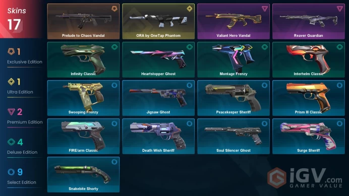 AP 17 skins | ORA by OneTap Phantom | Prelude to Chaos Vandal | Reaver Guardian | Valiant Hero Vandal | Montage Frenzy | V0303