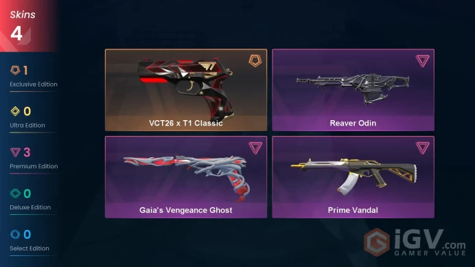 AP 4 skins | VCT26 x T1 Classic | Reaver Odin | Gaia's Vengeance Ghost | Prime Vandal | V0363