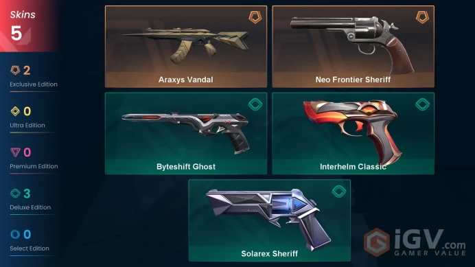AP 5 skins | Neo Frontier Sheriff | Araxys Vandal | Solarex Sheriff | Byteshift Ghost | Interhelm Classic | V0346