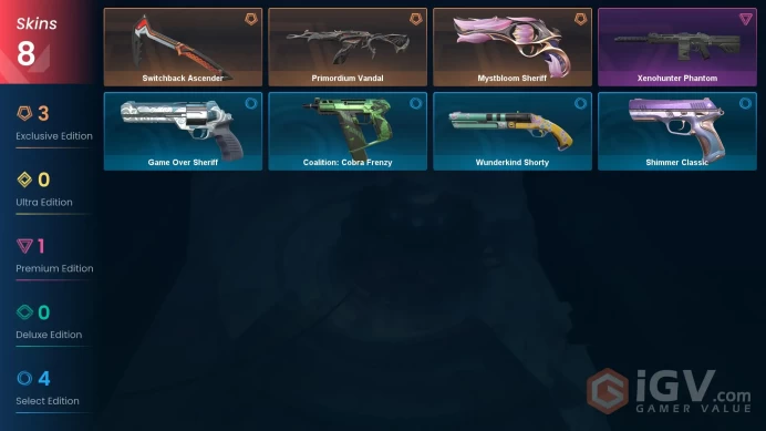 AP 8 skins 1 knifes | Mystbloom Sheriff | Primordium Vandal | Switchback Ascender | Xenohunter Phantom | Game Over Sheriff | V0244